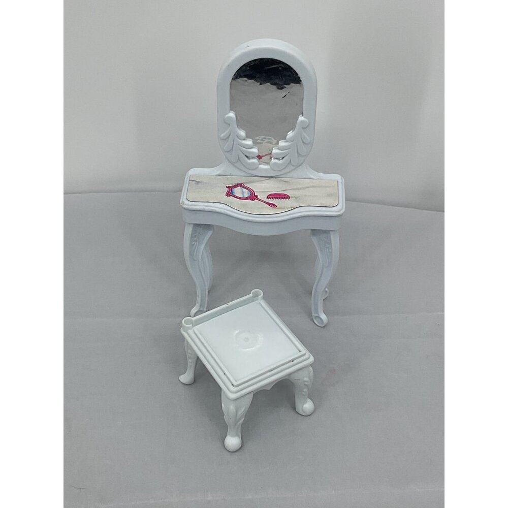 Blue Box Dollhouse Vanity & Stool Set White Plastic With Mirror